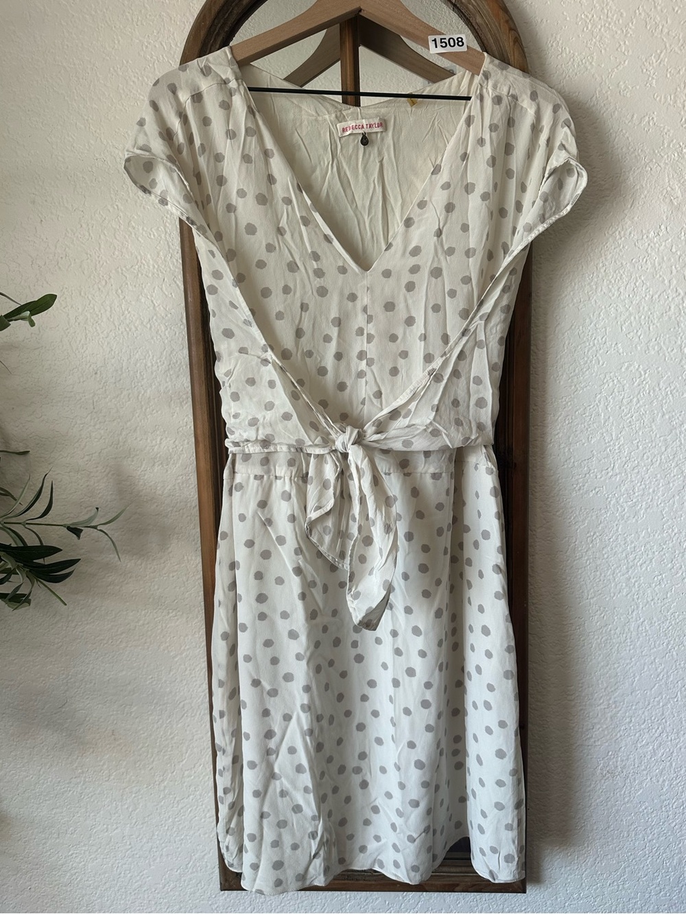 Rebecca Taylor 100% Silk Polka Dot Wrap Dress Ivory Gray Tie Waist Size 10